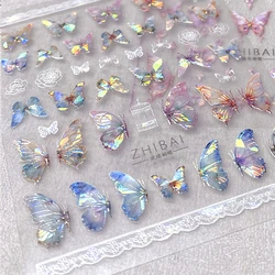 Butterfly Nail Art Sticker Flash Shell Effect Design Embossed Reliefs Pink 3D Self Adhesive Stickers for Nails Manicure Decal