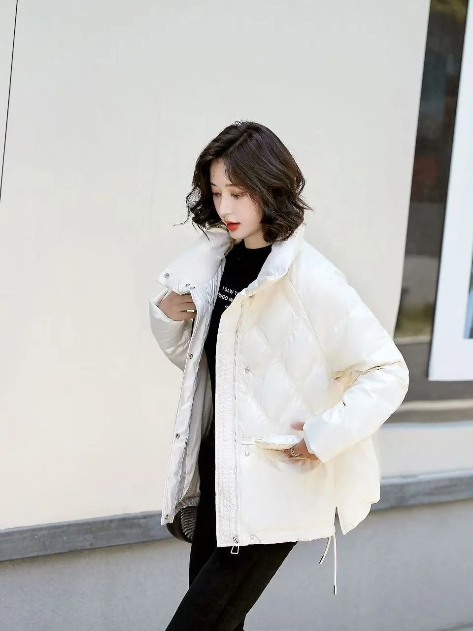 

Winter Women's Casual Versatile Lightweight Korean Sle ort Faionable Trendy Warm down Cotton Jaet Sweet Sle Slim Fit