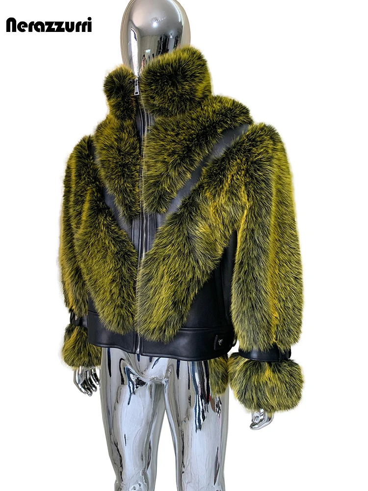 Lautaro Winter Thick Warm Patchwork Faux Fur Coat Men Stand Collar Long Sleeve Zip Up Fluffy Jacket Luxury Designer Emo Clothes