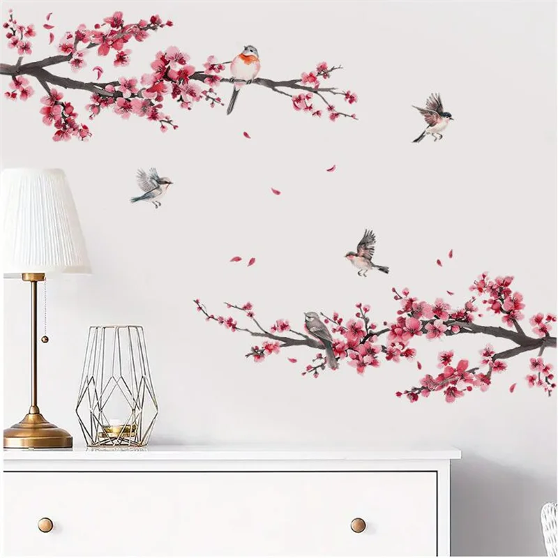 Removable Watercolor Tree Branches Peach Blossom Birds Wall Stickers Home Furnishings Bedrooms Living Rooms Background Walls