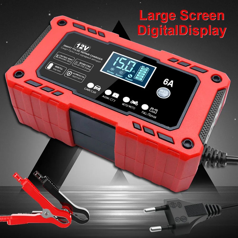 Car RV Truck Trailer Motorcycle Intelligent Battery Charger Lead-Acid Maintenance Auto Smart Pulse Repair Multifunctional 12V6A