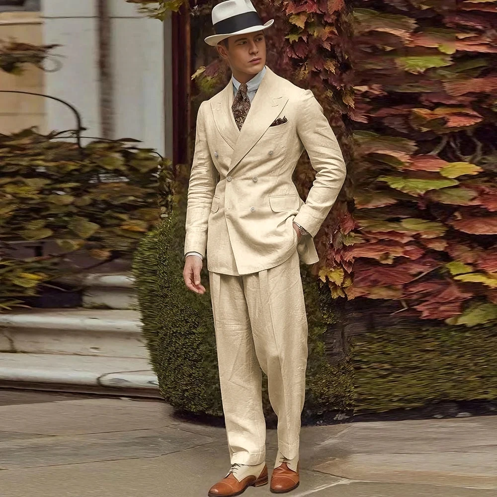 

Льняные мужские костюмы, двубортные банкетные костюмы с остроконечными лацканами, формальный жених, выпускной, свадебная мужская одежда на заказ, комплект из двух предметов, куртка, брюки