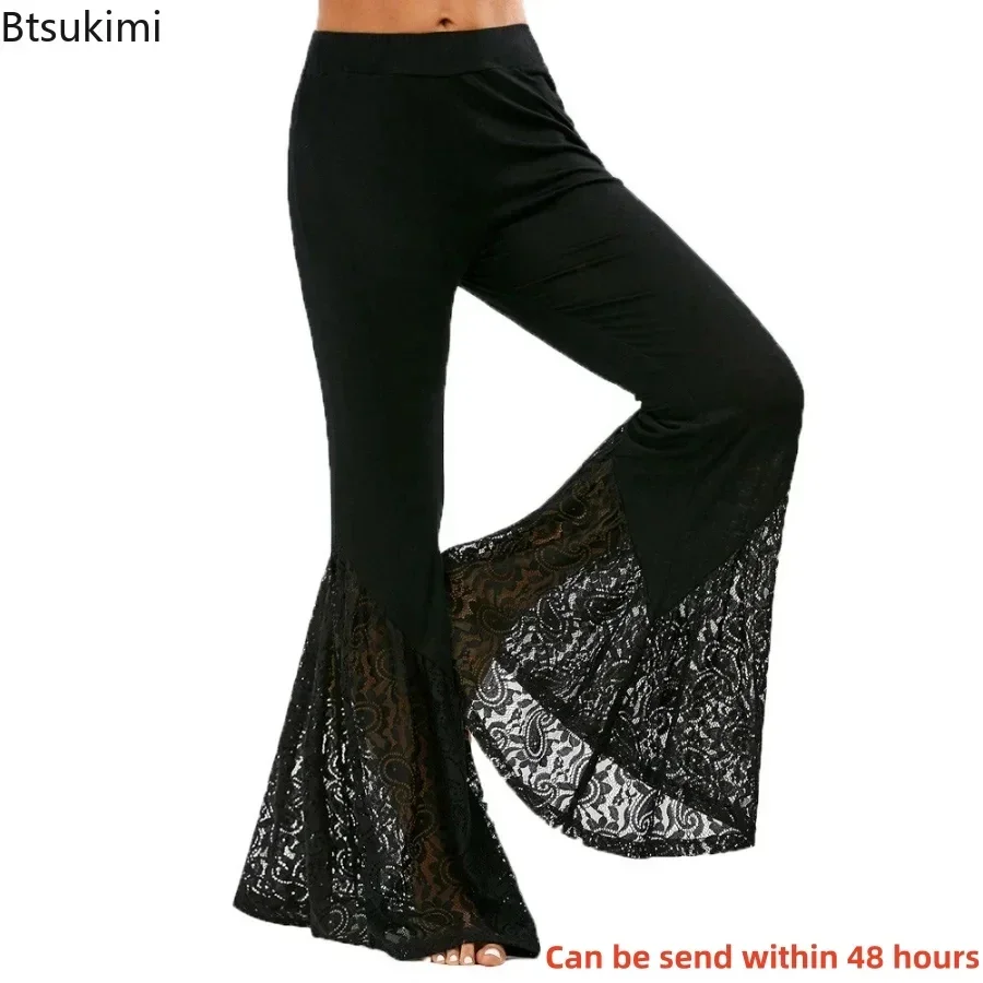 2024 Women\'s Gothic Punk Lace Flare Pants Slim Bandage Side Bellbottoms For Women Black Loose Summer Thin Trousers Long Pants