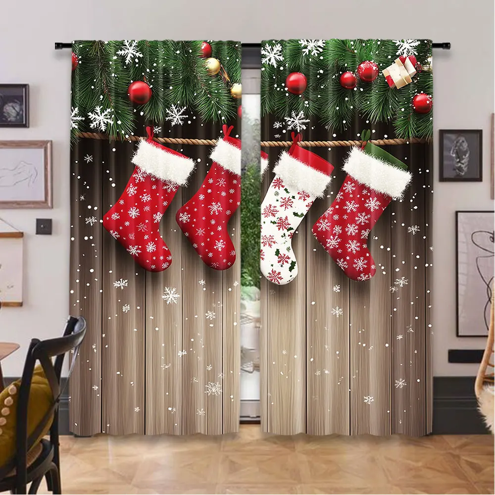 2Pcs Christmas Curtains Xmas Stockings Hanging On Wood Wall Snowflake Curtains Suitable For Bedroom Living Room Dining Room