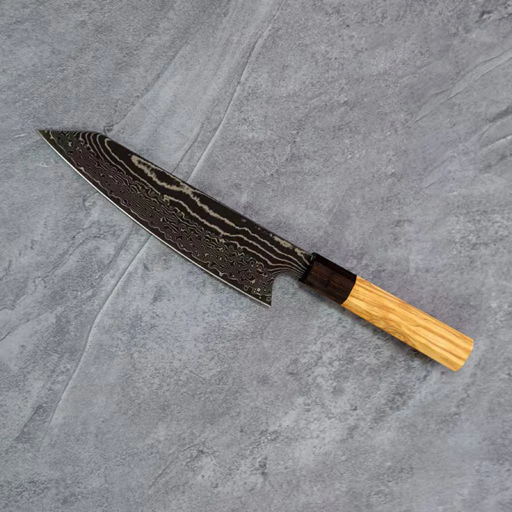 

8-дюймовый нож Кирицуке, 67-слойное лезвие из дамасской стали, оливковое дерево и черное дерево, ручка шеф-повара, тесак для нарезки мяса, овощей, кухонный нож