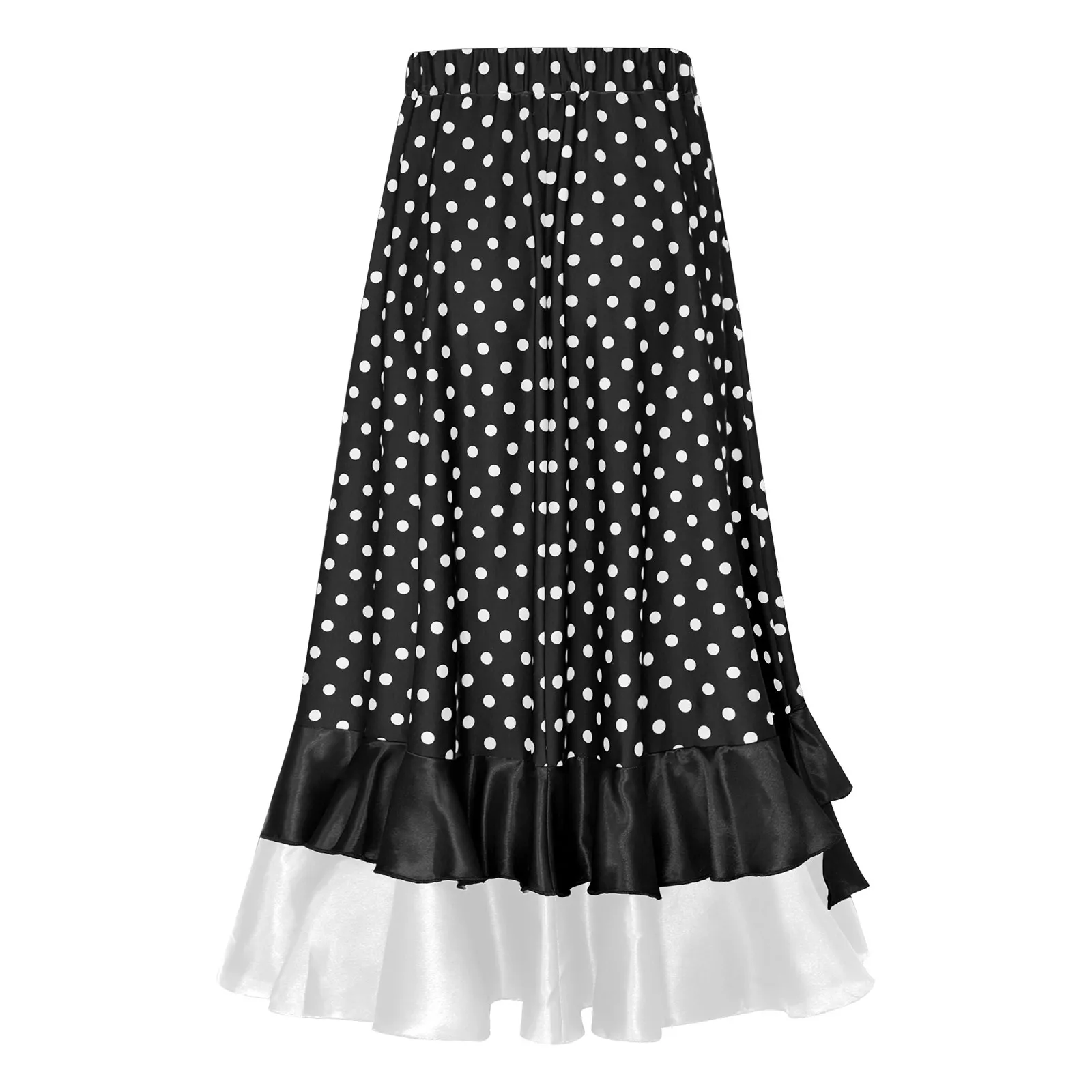 Gonna da ballo di flamenco spagnolo per ragazze Gonne lunghe con volant in raso a pois Classico Flamengo Gypsy Dancewear Costume da spettacolo teatrale