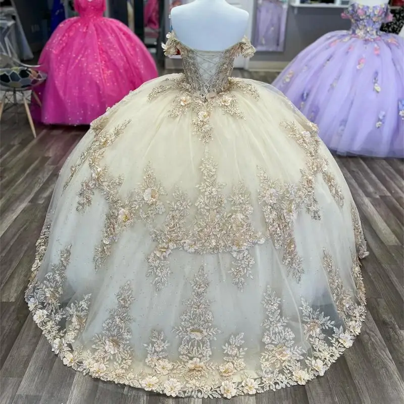 Gaun Quinceanera Warna Sampanye Kustom Gaun Tulle Manik-manik Appliuqes Bahu Terbuka Vestidos De 15 Anos De Dos Piezas