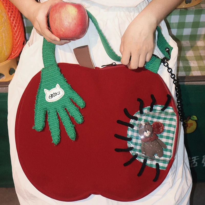 Women Vintage Apple Green Palm Handbag Large Capacity Festival Crossbody Shoulder Bag Transparent Layer Design Cute Bear Pendant