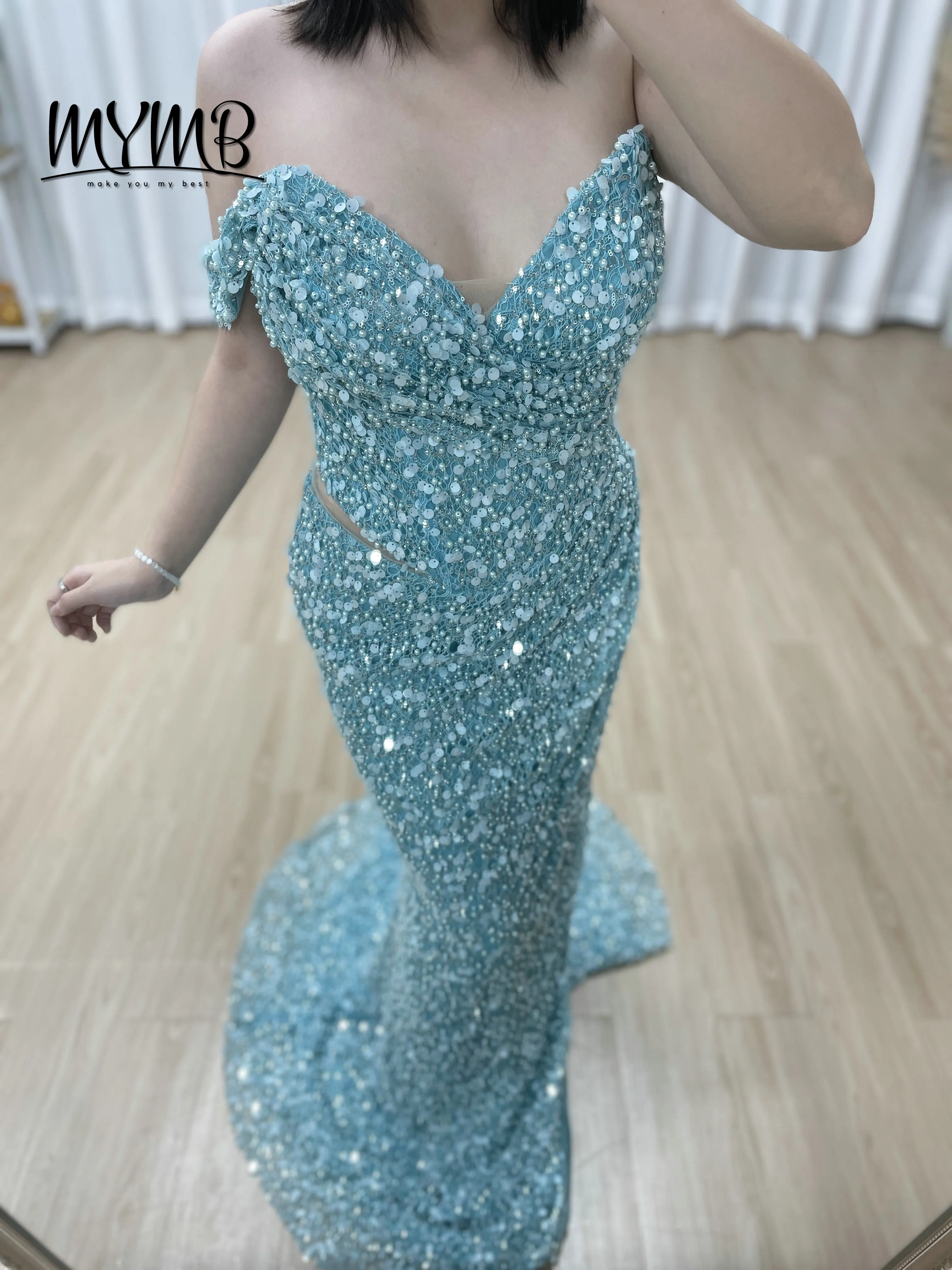 MYMB Elegant Blue Green Mermaid Gowns With High Split Sequin Formal Dresses Ruched Detailing Beading Natural Waistline MY30172