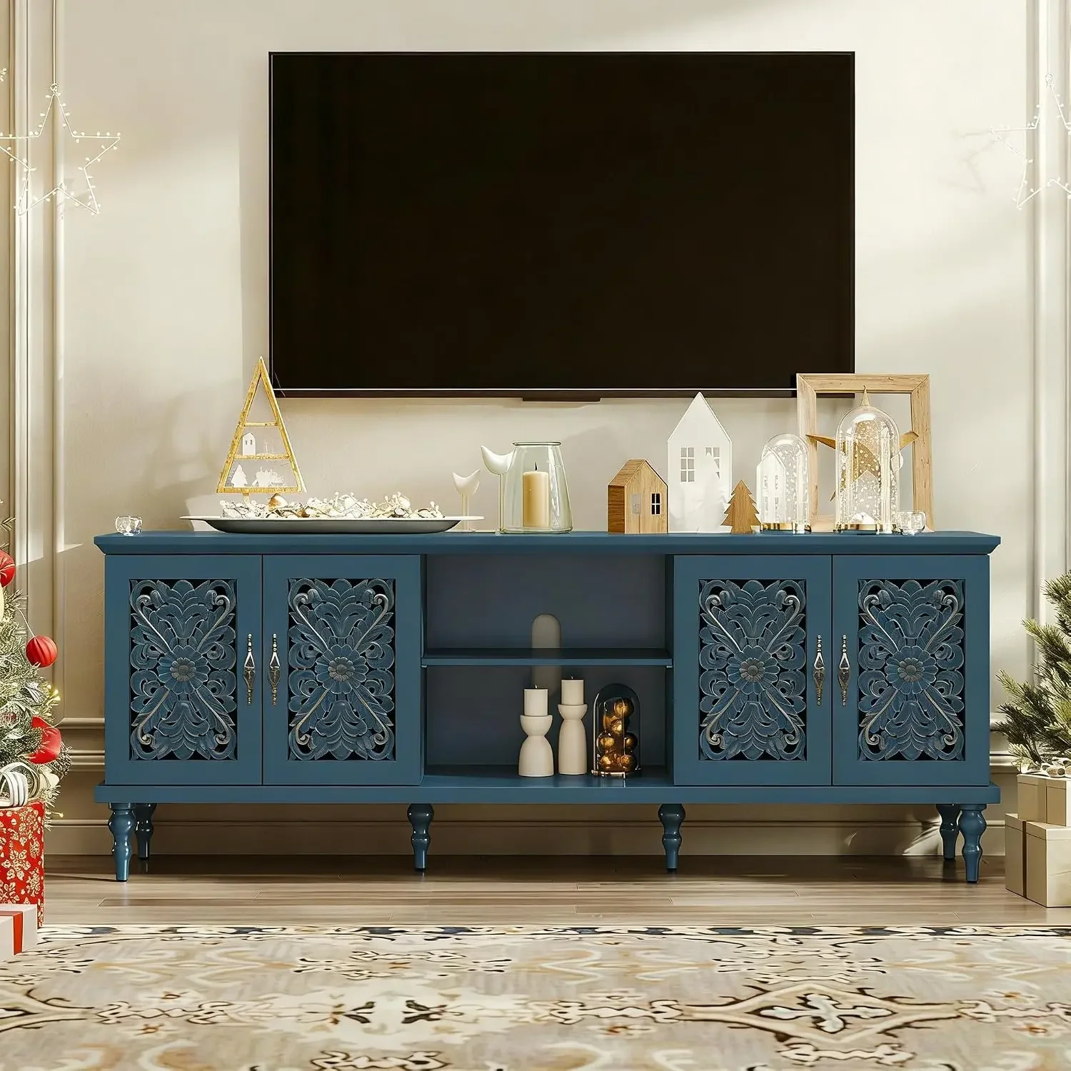 Vintage TV Stand with Carved Doors & Adjustable Shelves, Entertainment Center with Storage for Living Room & Bedroom
