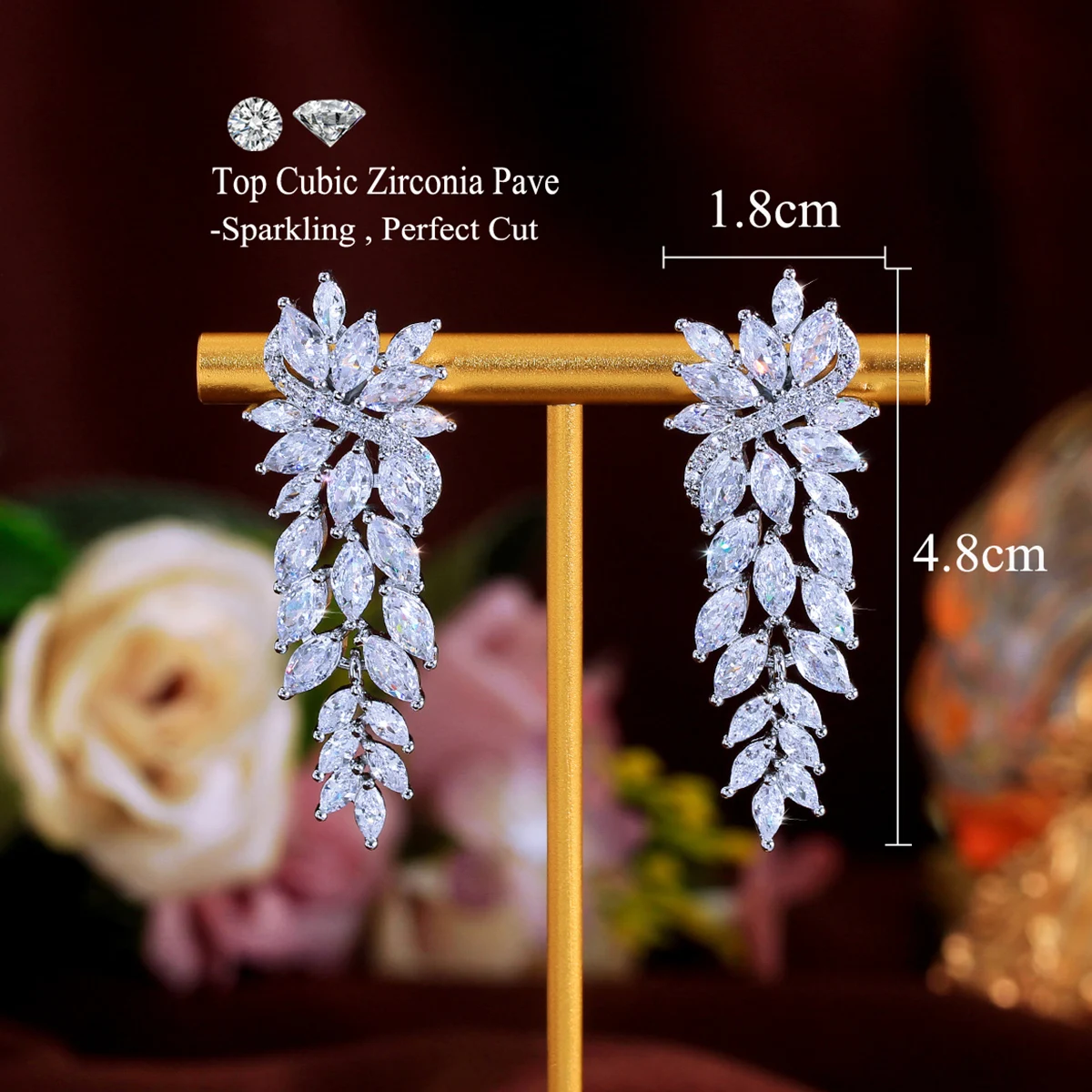 CWWZircons Wunderschöner europäischer Damen-CZ-Hochzeits- und Abschlussballschmuck, weißer Zirkon-Blatt-Ohrring, lang, für Brautparty, Großhandel E1168 – Detail 1