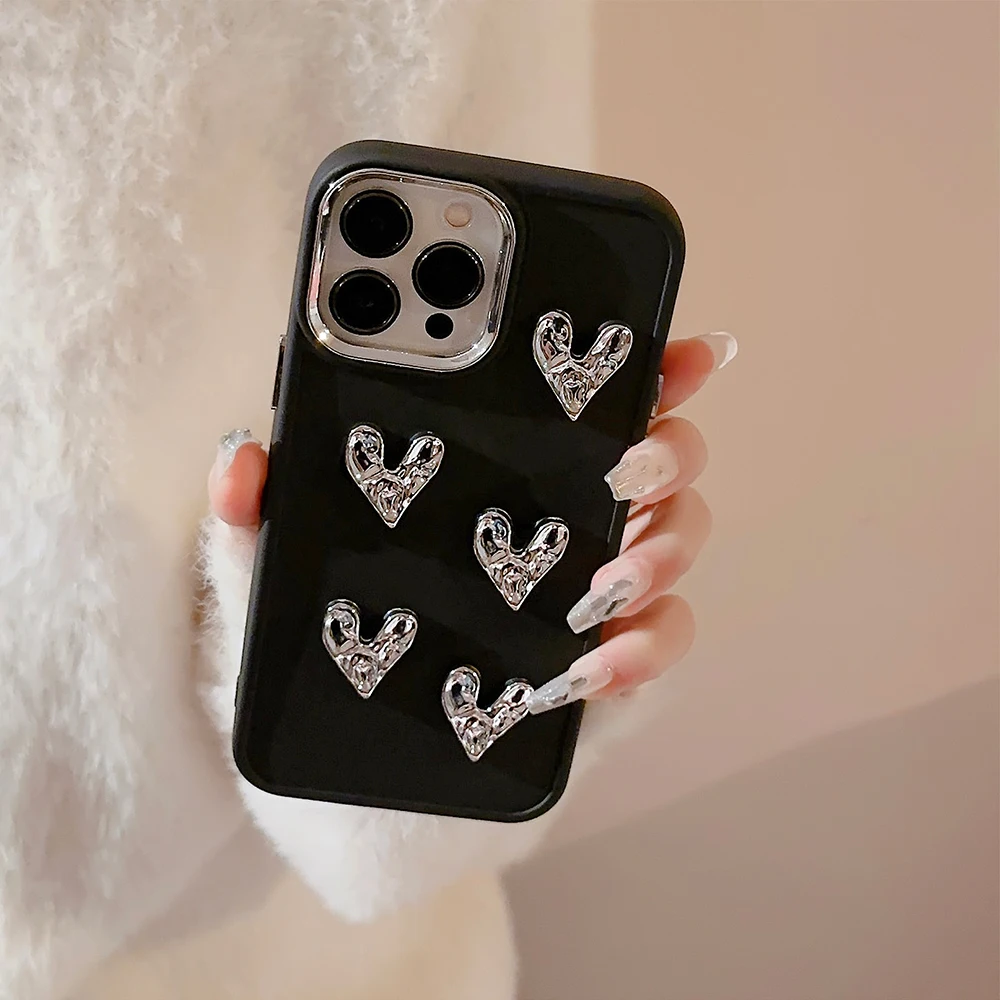 Luxury 3D Silver Love Heart Silicone Phone Case For iPhone 14 Pro Max Plus 11 12 13 Promax 12Pro XSMax XR Soft Cover Funda Women