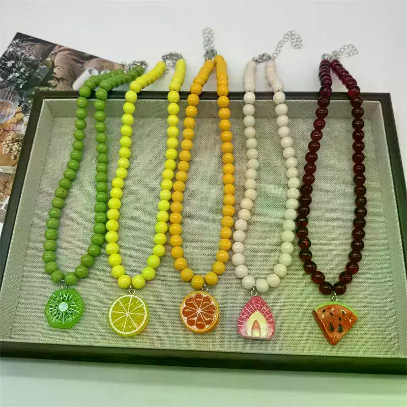 Pendant Necklace Various Fruit Handmade Rice Beads Bohemian Choker Watermelon Lemon Strawberry Women Jewelry No Break Fresh