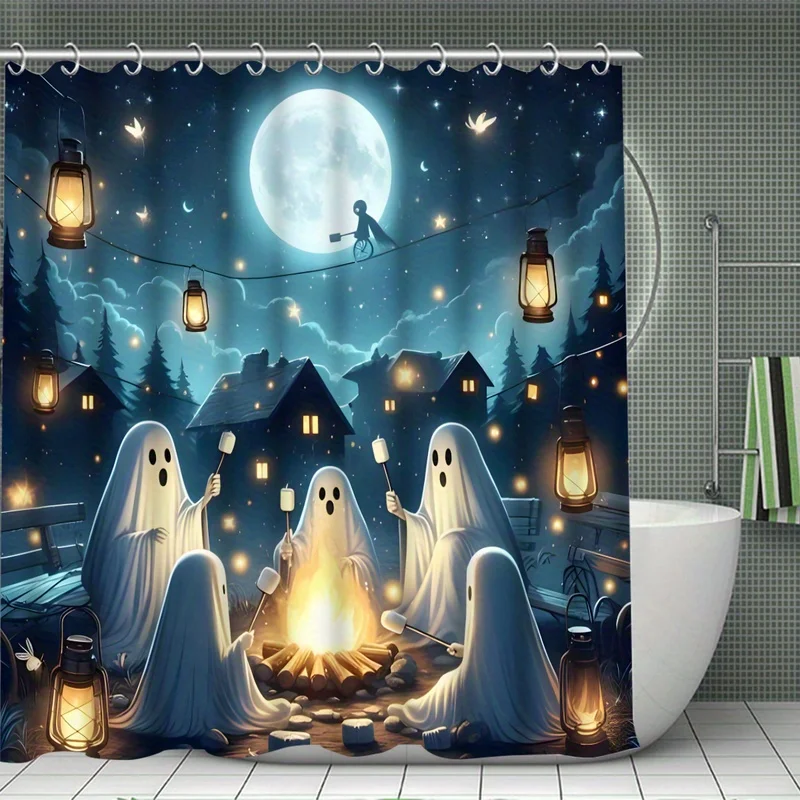 Festive Halloween Ghosts Set: Includes 70.8X70.8In Shower Curtain, 13.8X35Cm Bath Mat, 17.7X45Cm Toilet Seat Cover, And 12