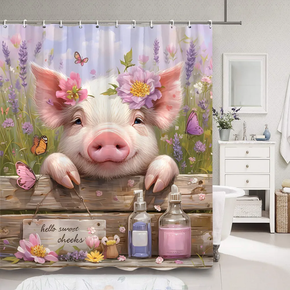 Flower Pretty Pig Shower Curtain Rustic Wooden Panel Butterfly Flower Watercolour Creative Polyester Bath Curtain Bathroom Decor