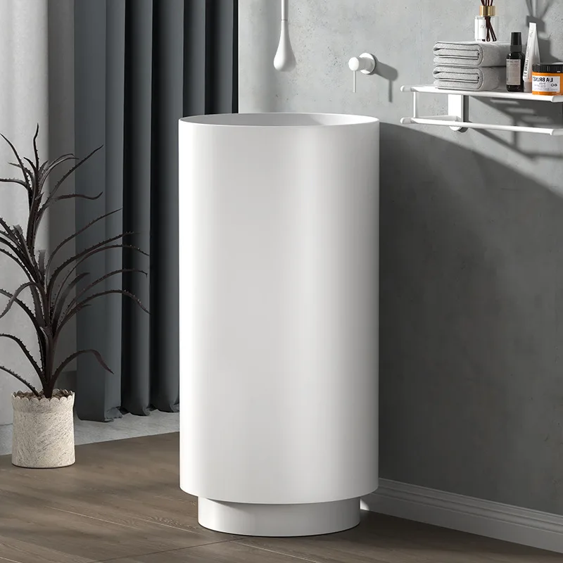 

Stainless steel column washbasin floor-standing integrated washbasin hotel bathroom white round column basin