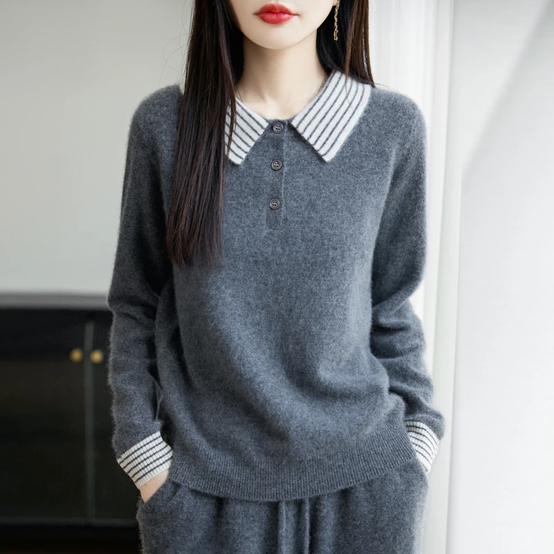 

TLOML New Fashion Women Wool Half Buttons Pullover Casual Turn Down Collar Cashmere Sweater Autumn Winter 100% Merino Wool Knit