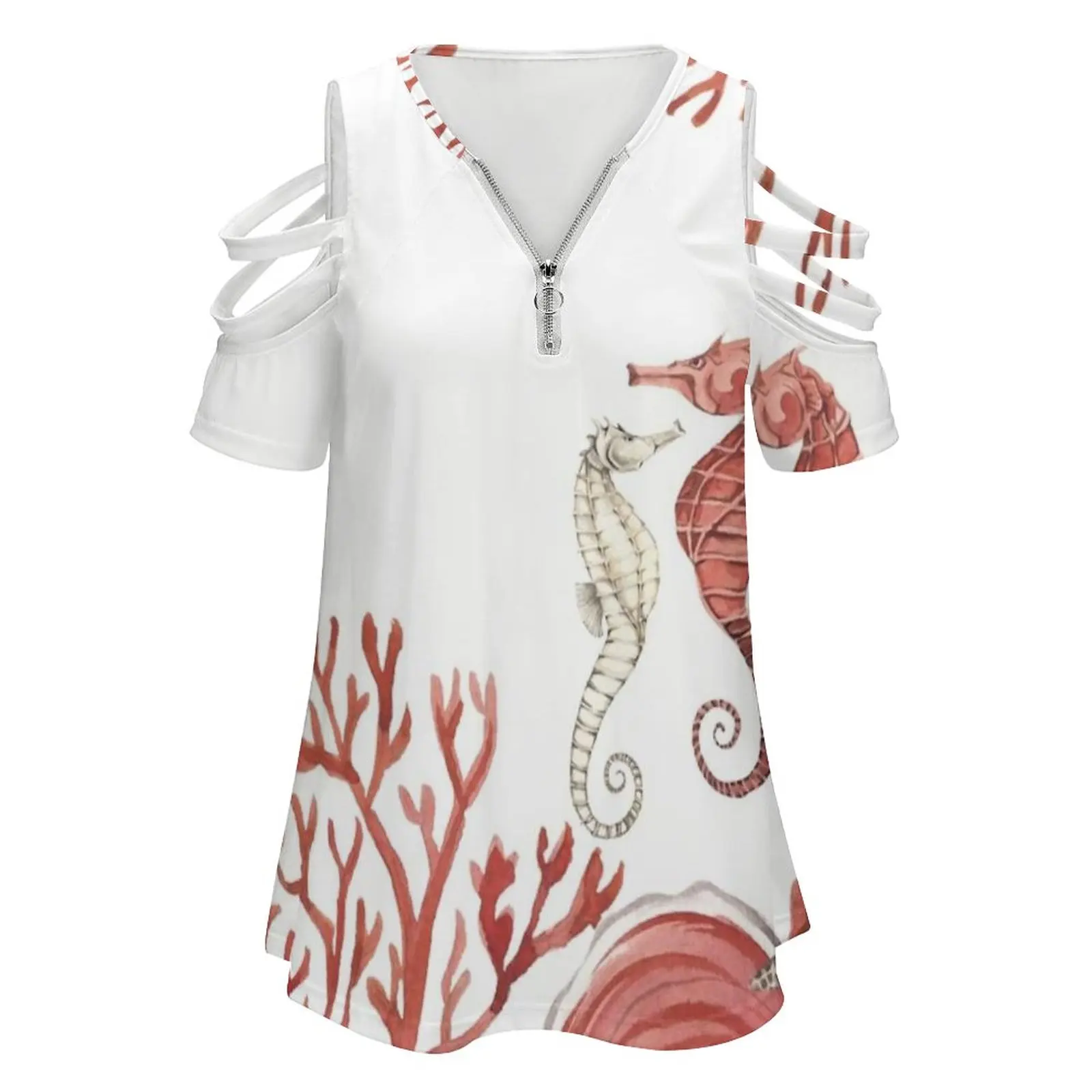 Coral Sea Women's T-Shirt New Fashion Printed Zipper V-Neck Short Sleeve T Shirts Casual Plus Size Sea Maritime Coral Vacation