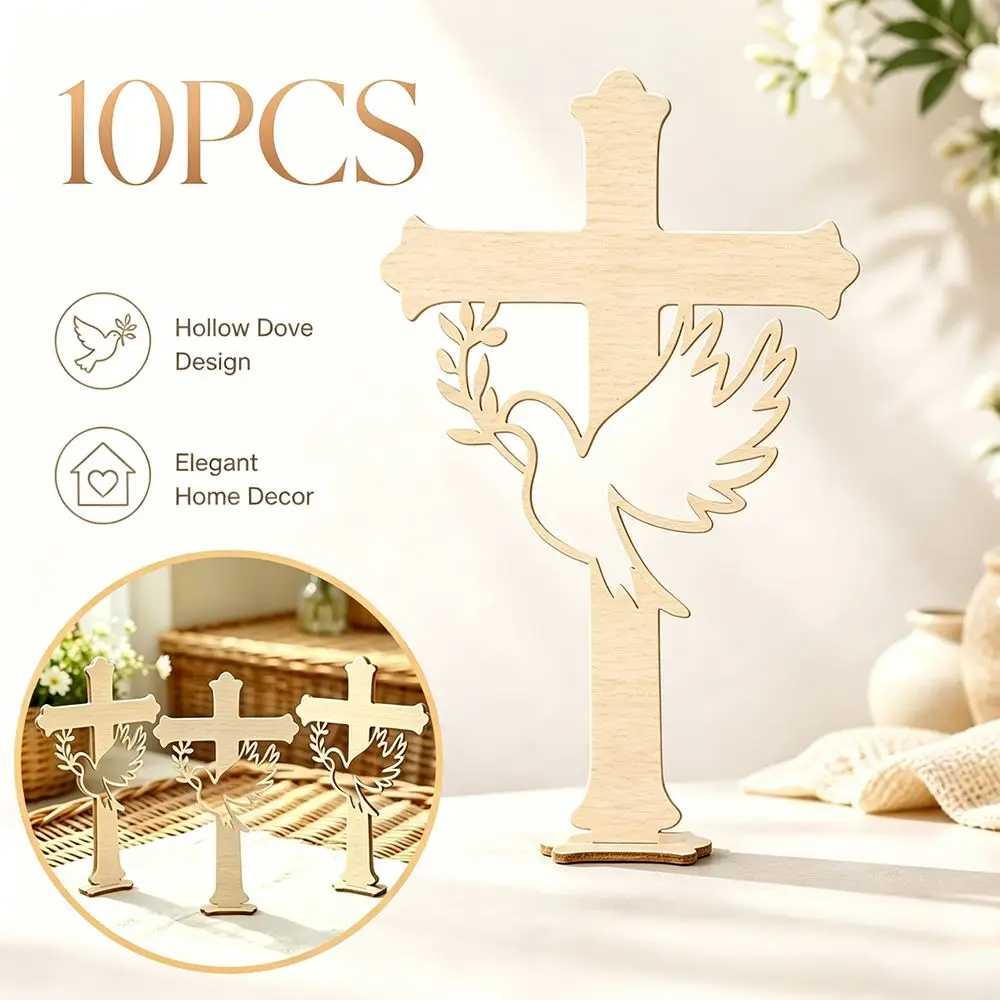 10Pcs Decorative Cross Wooden Peace Dove Cross Hollow Dove Craft Style Cross Decorative Figurine with Base Wood