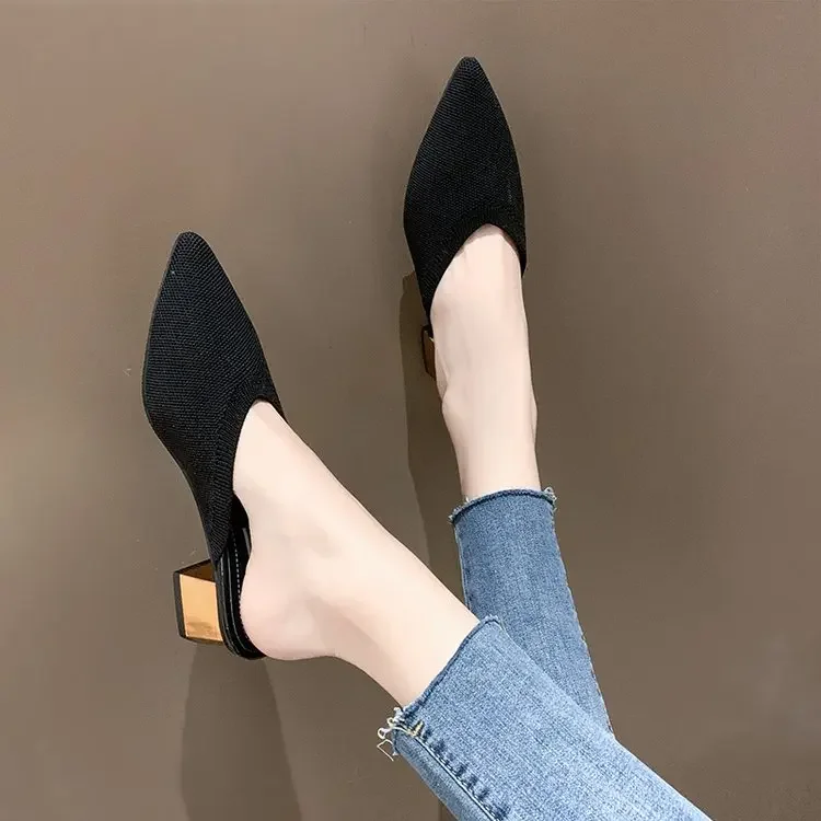 Knitted Elastic Mesh Pointed Toe Slippers Women New Summer Shoes Fashion Shallow Mid Heel Female Shoes Square Heel Mules