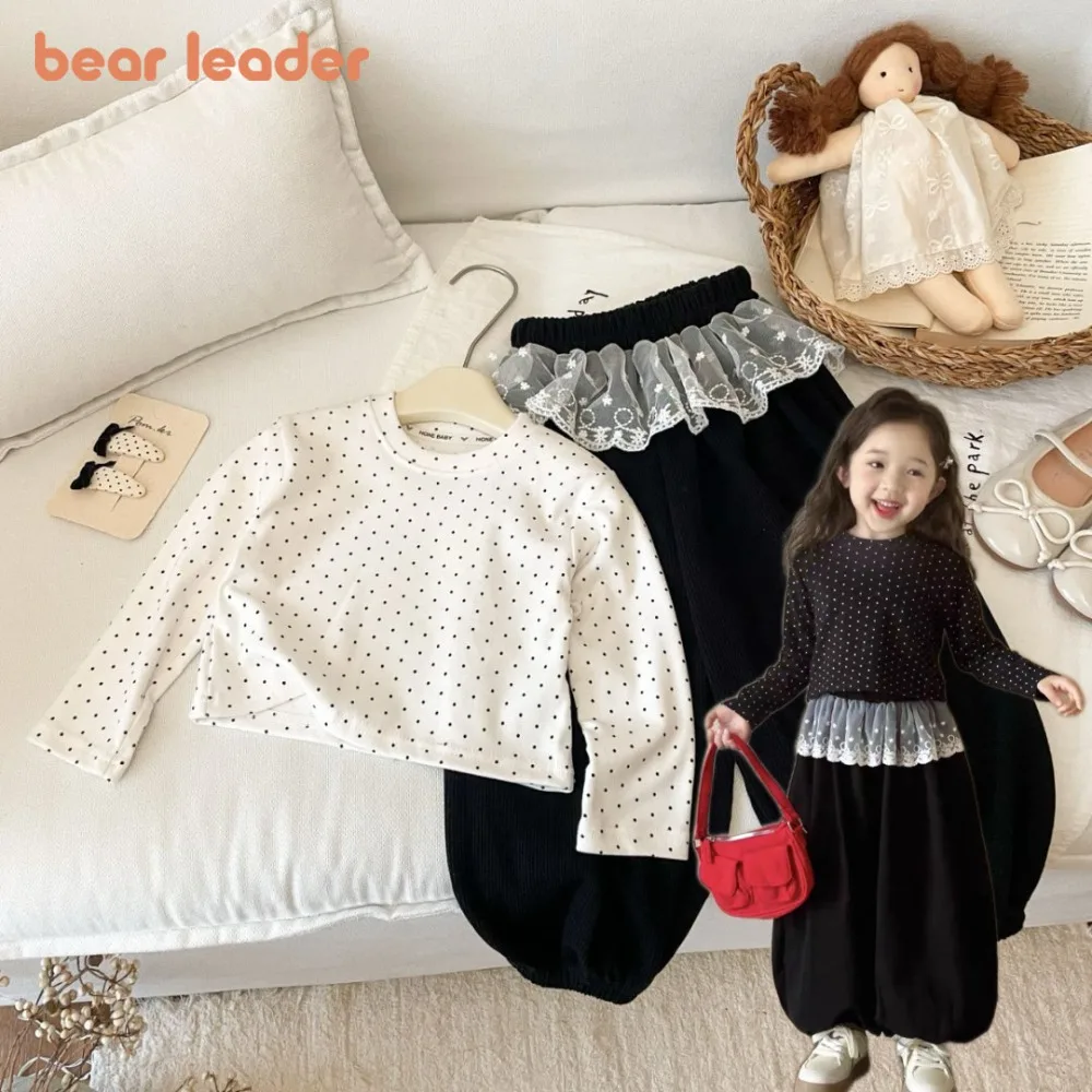 

Bear Leader Autumn Cute Girls Clothes Korean Version Polka Dot Printed Long Sleeved T-shirt Top + Lace Patchwork Pants 2 Pcs Set