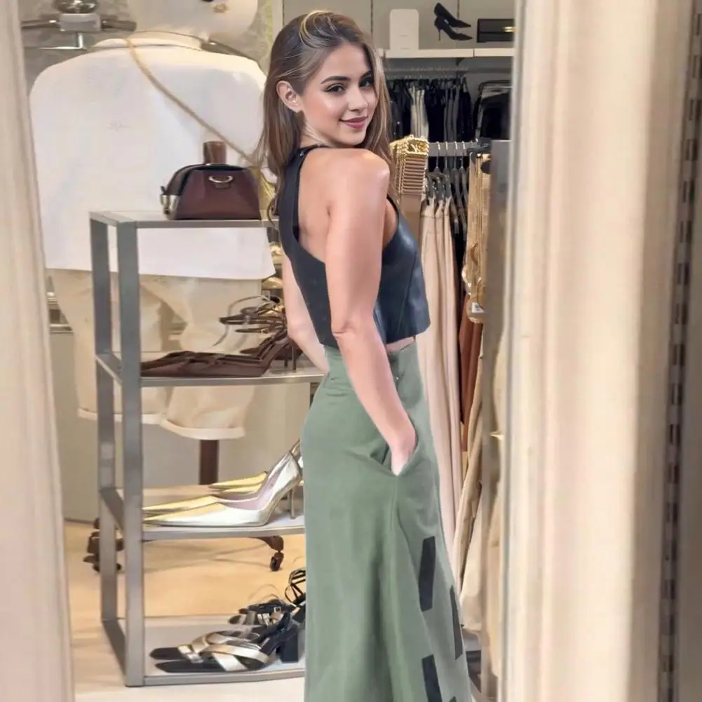 2 Pieces/set Women's Top And Skirt Suit Color Block Off-shoulder Sleeveless High Waist Irregular Hem Halterneck Tank Top Suit