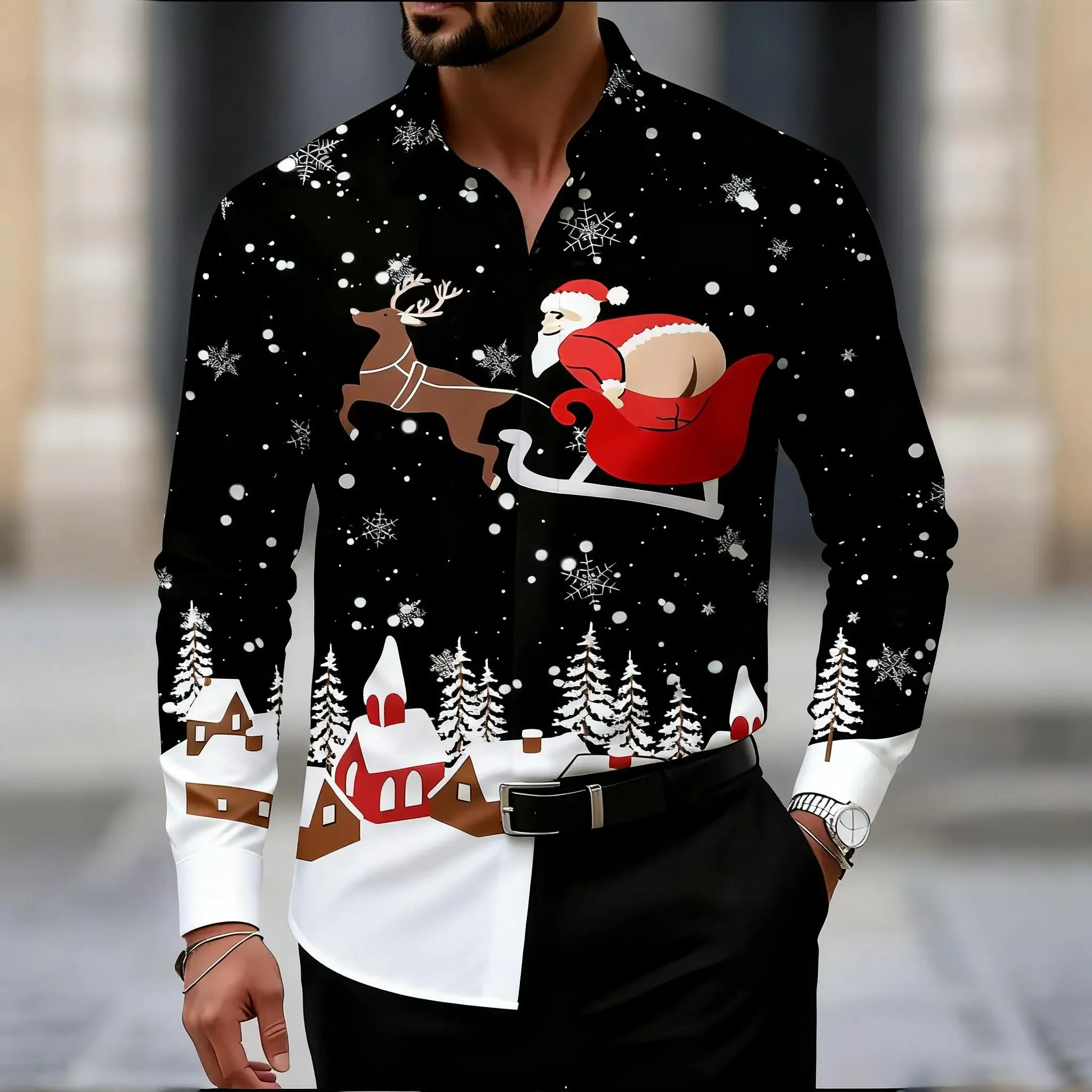 

2025 Christmas Men's Christmas Humorous Holiday Funny Long Sleeve Shirt Button Up Shirt Funny Outdoor Holiday Turndown shirts