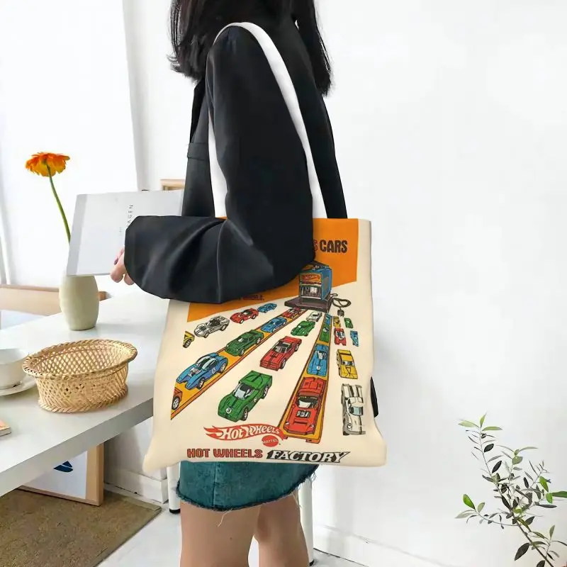 Hot Wheels Factory Grocery Shopping Tote Bags Women Funny Cartoon Sport Car Canvas Shoulder Shopper Bags Big Capacity Handbags