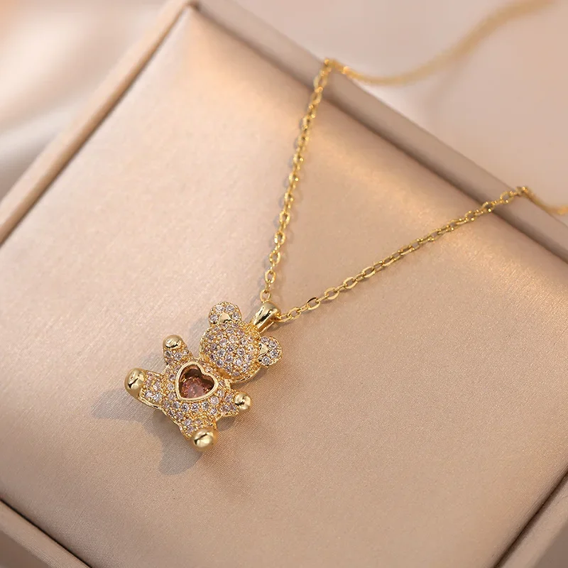 New Light Luxury Style Cute Bear Pendant Necklace Micro-paved Pink Zircon Adjustable Clavicle Chain Women's Festival Necklace