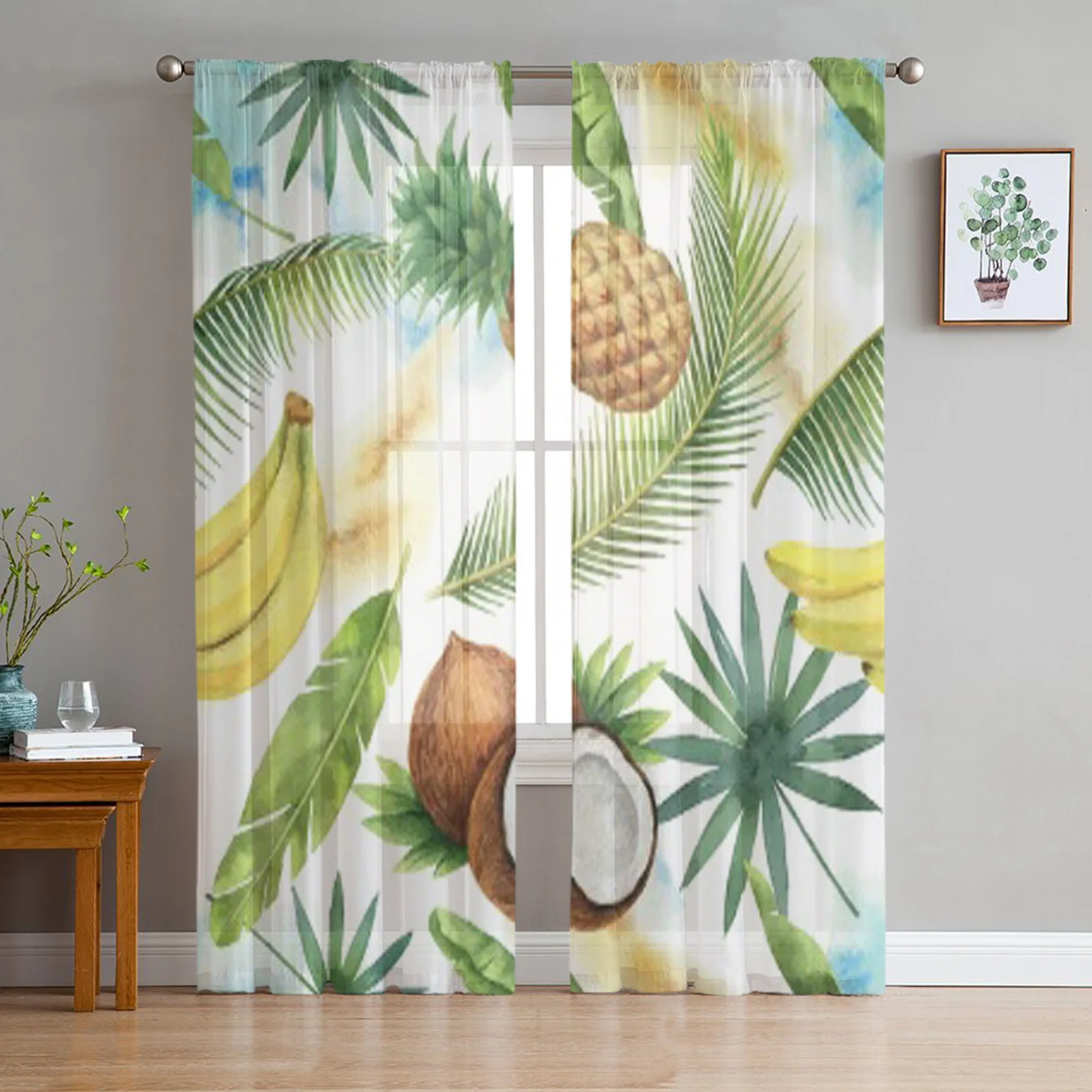 Watercolor Coconut Banana Pineapple And Palm Trees White Sheer Curtains Living Room Tulle Window Curtain Bedroom Kitchen Drapes