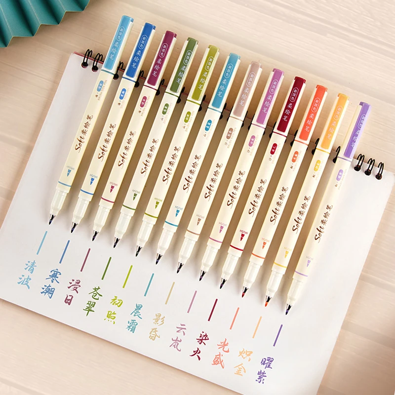 12 Colors Vintage Watercolor Brush Pen Set Drawing Pen Soft Tip Lettering Calligraphy Painting Art Marker Supplies