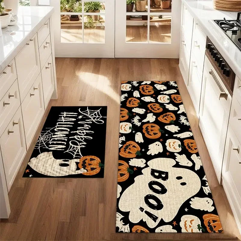 VIKAMA 1/2pcs 2026 Halloween Kitchen Rug Ghost Pumpkin Non-Slip Easy-to-Clean Mat Entrance Hallway Carpet Home Decor
