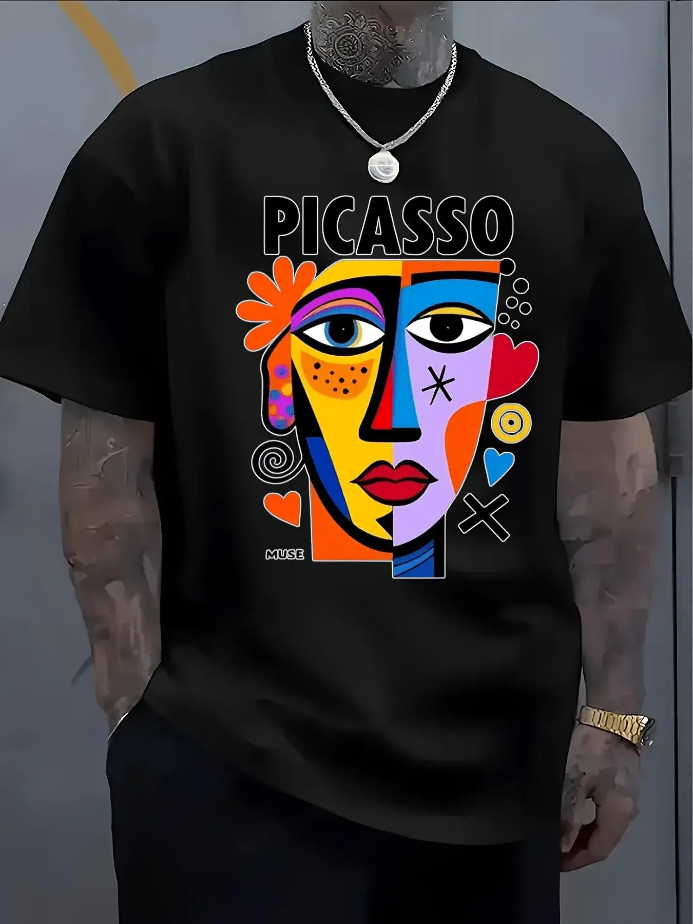 Oversized Patterned T-Shirt Black Short-sleeve Oversized T-shirt Featuring an Abstract Cubist Face Design- 