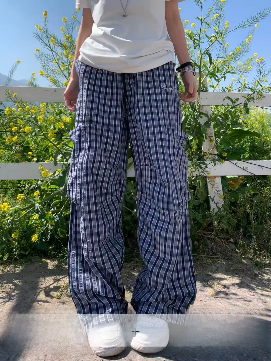 

American Retro Plaid Elastic Drawstring Loose Casual Pants Wide Leg Long Trousers Comfortable High Waist Street Style Polyest...