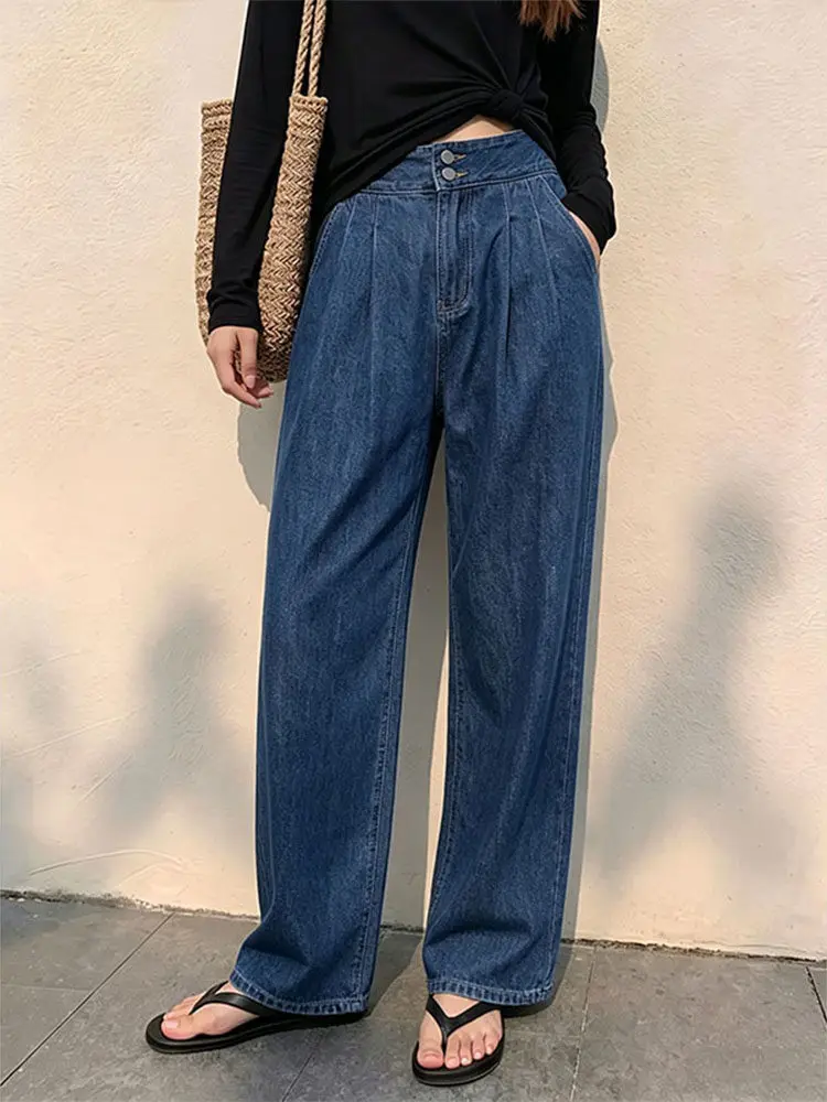 

High Waist Slimming Denim Jeans Women's Double Buckle Drapey Deep Blue Wide Leg Long Pants Korean Casual Style Summer New