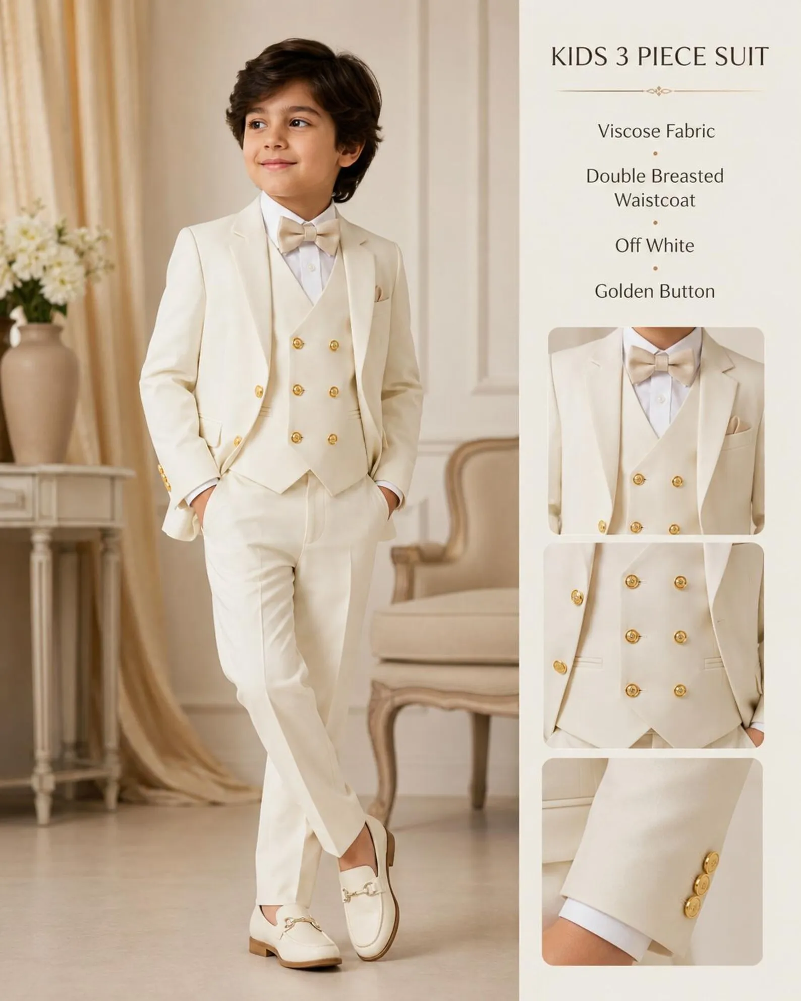Ivory Boy's Formal 3-Piece Suit Toddler Pageboy Tuxedo Wedding Ring Bearer Custom Outfit Jacket Vest Pants Slim Fit for Kids