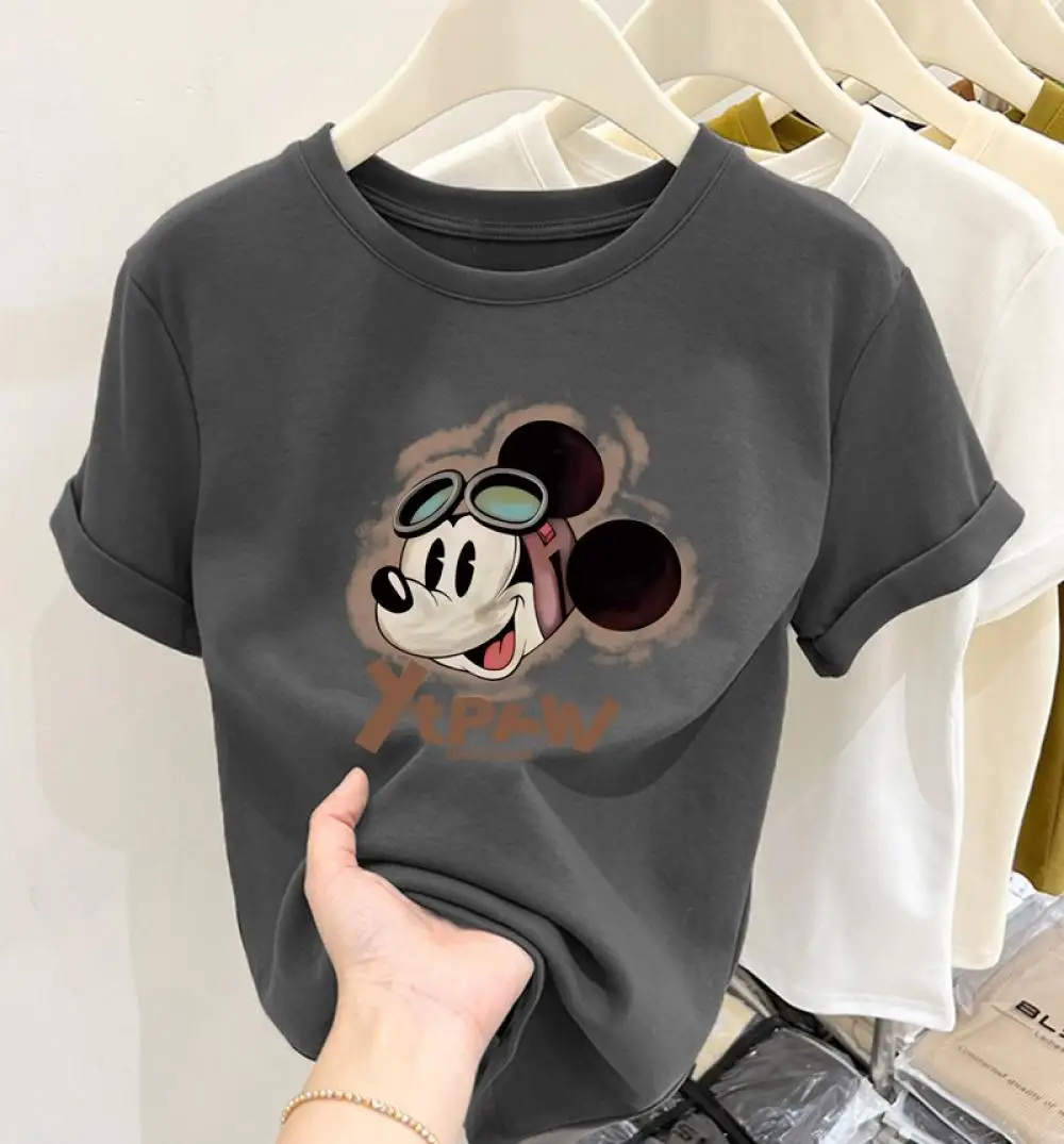 

Хлопковая футболка с Микки Маусом из мультфильма Диснея, женская летняя футболка с короткими рукавами, милые кавайные повседневные свободные топы с принтом, подарок для девочек