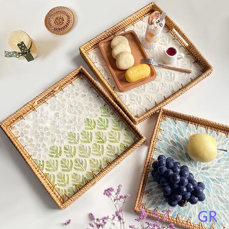 Rattan Woven Colorful Shell Storage Basket Square Tray for Home Kitchen Picnic