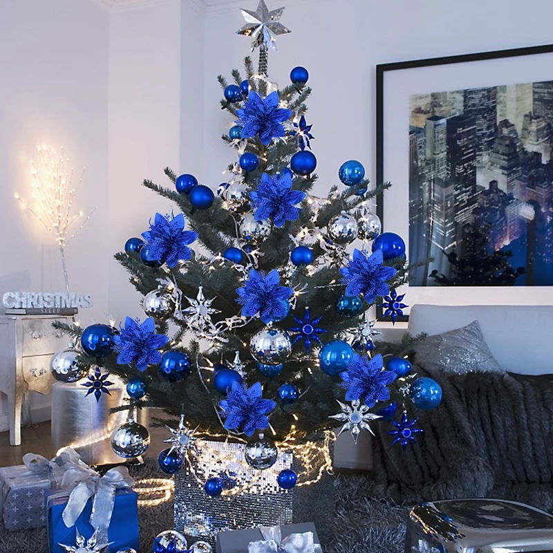 5.7 Inch Artificial Blue and Black Christmas Glitter Flowers with Clips 5/10pcs Xmas Tree Flower Ornaments Noel New Year Decor