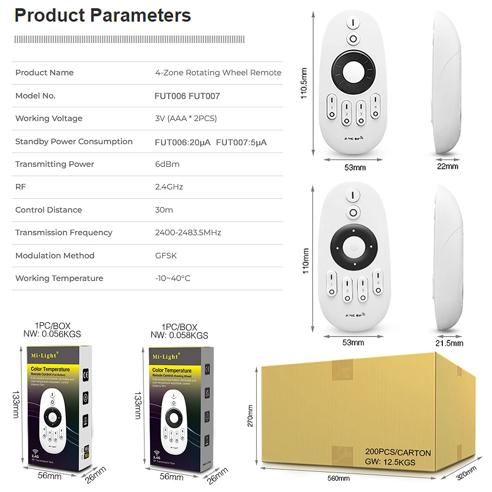 Miboxer FUT006 FUT007 2.4GHz 4 Zone Rotating Wheel/Button Remote Touch RF Wireless CCT Remote Control LED Strip Controller