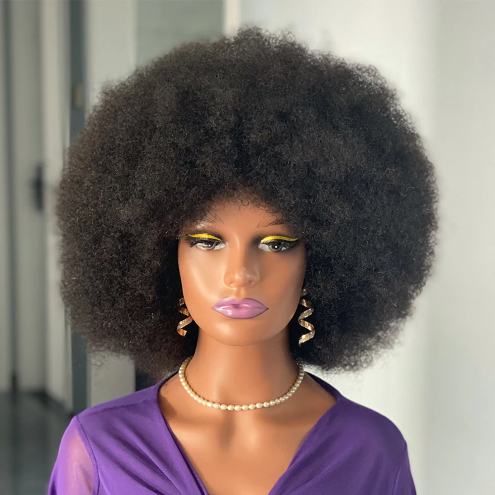 Korte Pluizige Afro Kinky Krullend Menselijk Haar Pruik Met Pony 180% Dichtheid Full-Machine Pruiken Natuurlijke Pixie Cut Pruik Braziliaans Haar