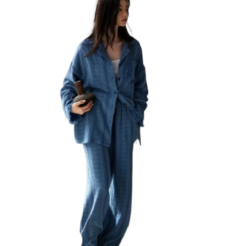 Loungewear Women's Retro Hong Kong Style Fog Blue Fringed Edge with Chest Pad Suit Spring  Autumn Popular Long-sleeved Pajamas
