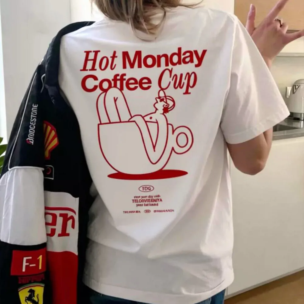 Hot Monday Coffee Cup Cute Cartoon Printing White T Shirts Female Summer Short Sleeve Loose Casual Tops Ins Fashion Cotton Tees