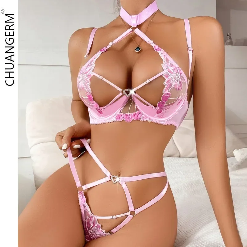 

CHUANGERM Hot Sexy Lingerie Halter Neck Onlyfans Bra Top Sexy Hollow Diamond Button Erotic Embroidery Women's Underwear Panties