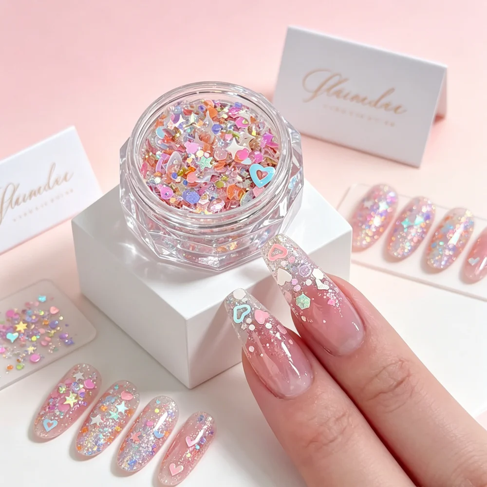 1Jar Kawaii Shiny Heart Star Circle Nail Glitter Sequins Colorful Sparkly Confetti Nail Art Flakes DIY Sweet Manicure Decoration