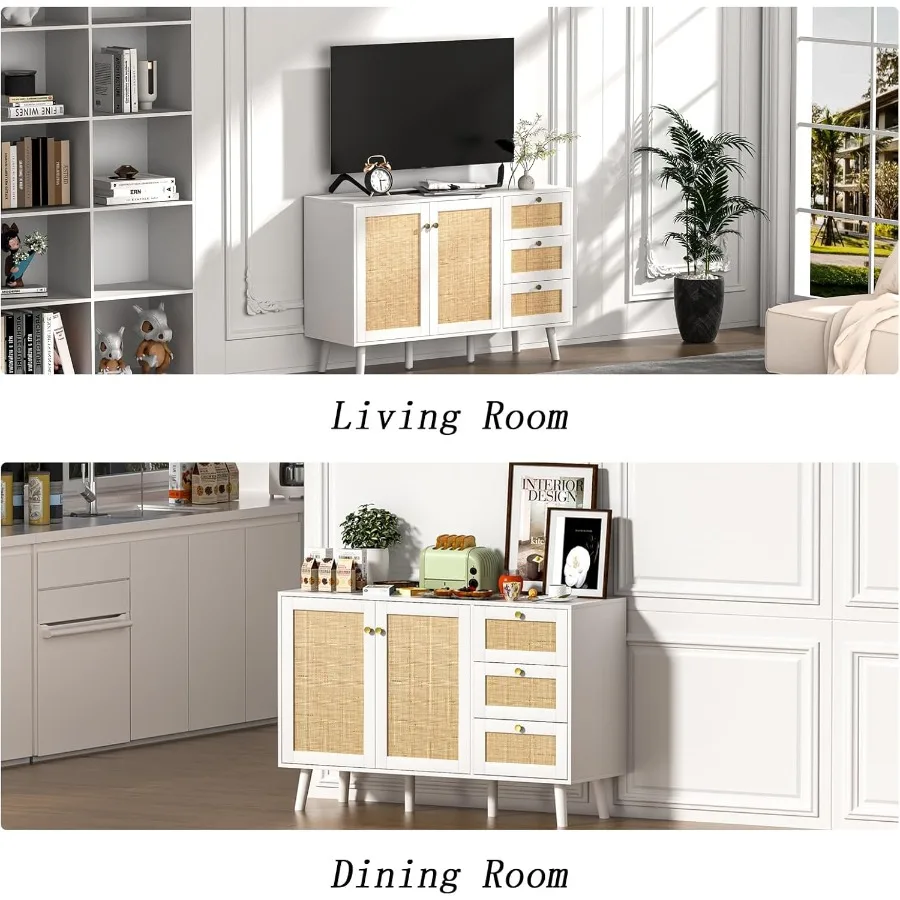 خزانة بوفيه جانبية مع خزانة تخزين خشبية بيضاء مع بابين و3 أدراج خزانة مميزة لبار القهوة للمطبخ L #6