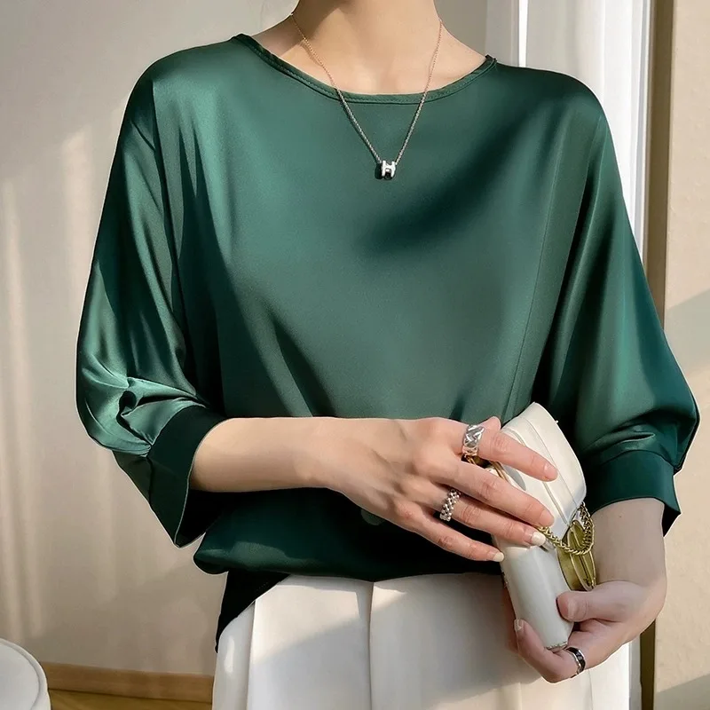 เสื้อไหมซาตินผสมอะซิเตท ทรงกลม แขนทรงปีกค้างคาว สีพื้น สำหรับผู้หญิง สไตล์ลำลอง เหมาะสำหรับใส่ไปทำงาน