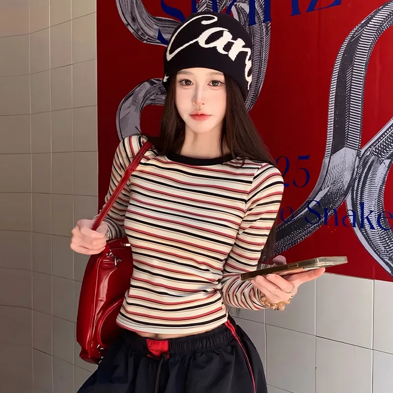2026 Women Crew Neck Striped Long Sleeve Top Slim Fit Y2K Cropped Tee Stretchy Color Block Casual Daily Streetwear Basic Shirt