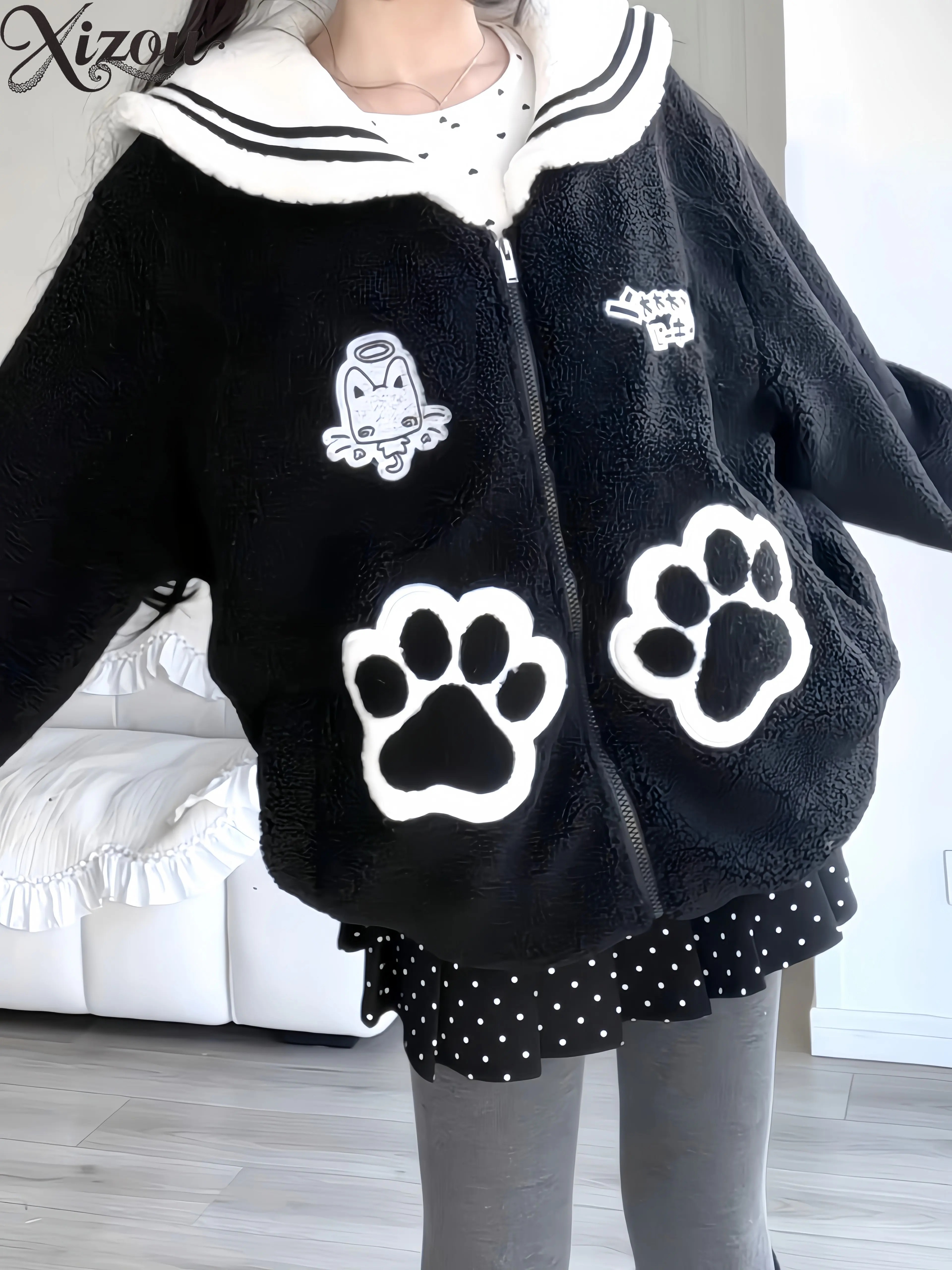 Kawaii Cat Paw Patch Sailor Collar Coat Women Lamb Velvet Thickened Loose Preppy Autumn Winter Warm Outwear Black 2025 Japanese