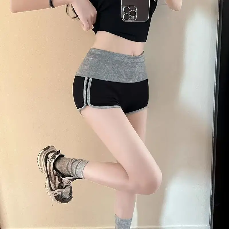 Damen-Sportshorts mit Farbblockierung, hohe Taille, lässige Shorts, vielseitige, lässige Yoga-Leggings, Sommer-Slim-Mini-Hotpants – Detail 14